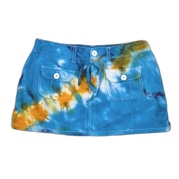 Vintage BeBop Denim Skort Skirt Sz 5 Low Rise Blue Orange Tie Dye Retro Y2k - Picture 1 of 8